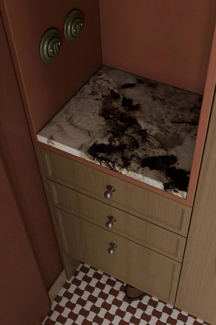 Kamienna półka w strefie wejściowej apartamentu na Żoliborzu