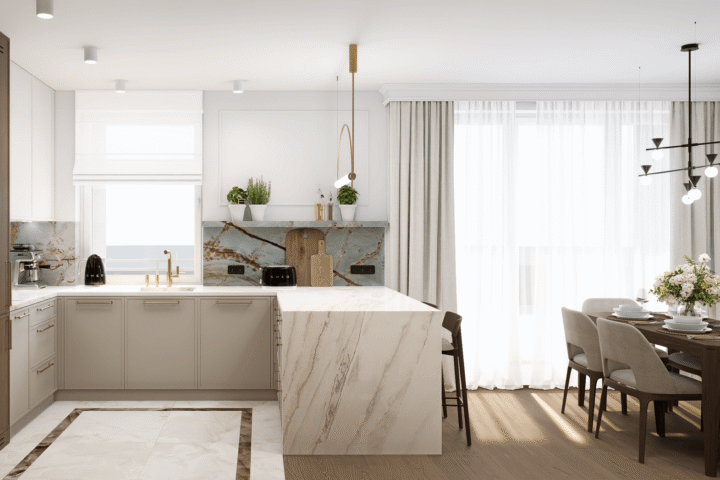 Kuchnia w apartamencie premium z naturalnym kamieniem i drewnianą zabudową