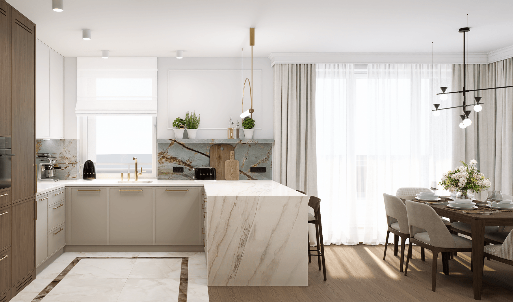 Kuchnia w apartamencie premium z naturalnym kamieniem i drewnianą zabudową