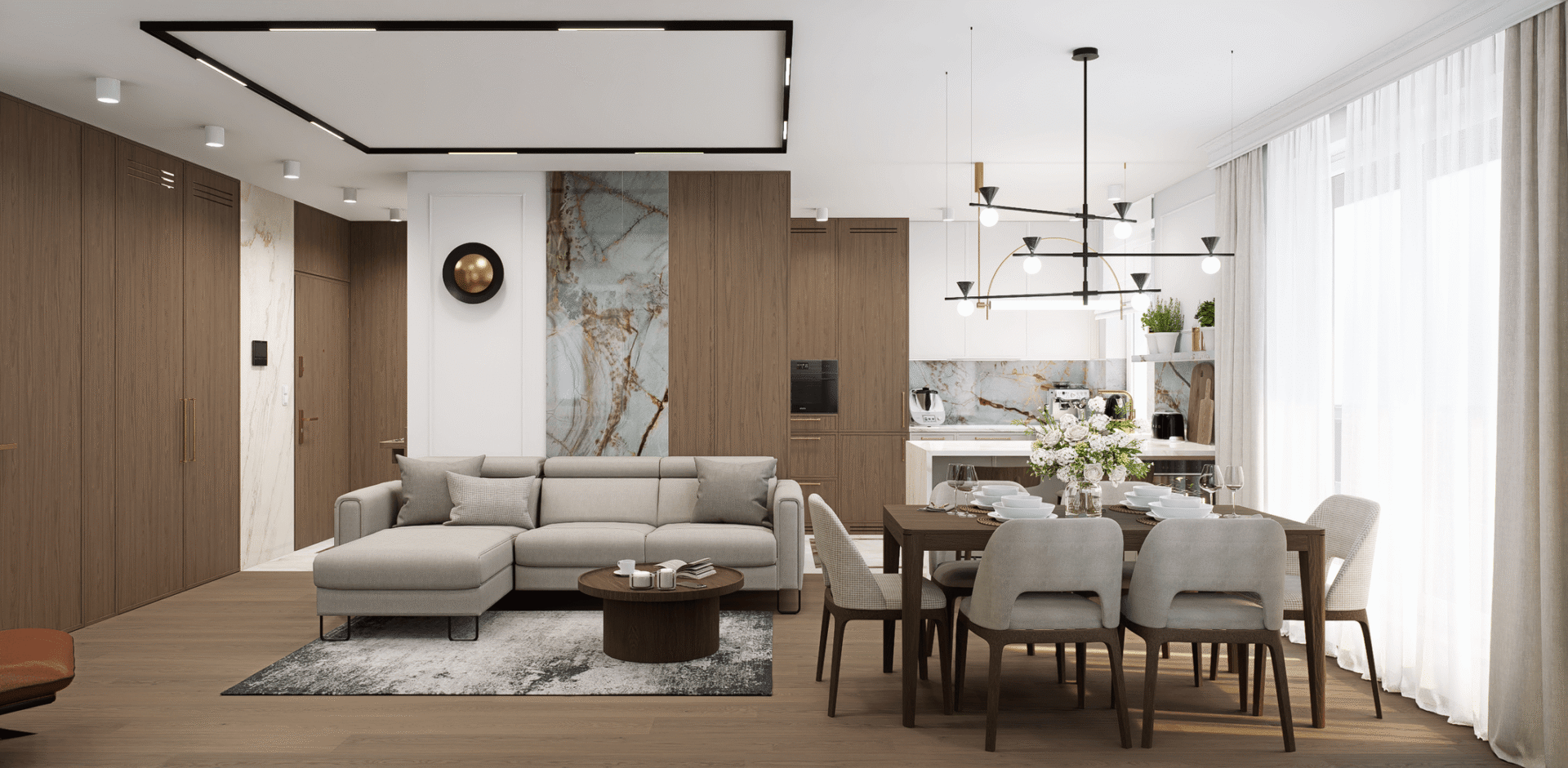 Salon w apartamencie premium z naturalnym kamieniem i drewnem