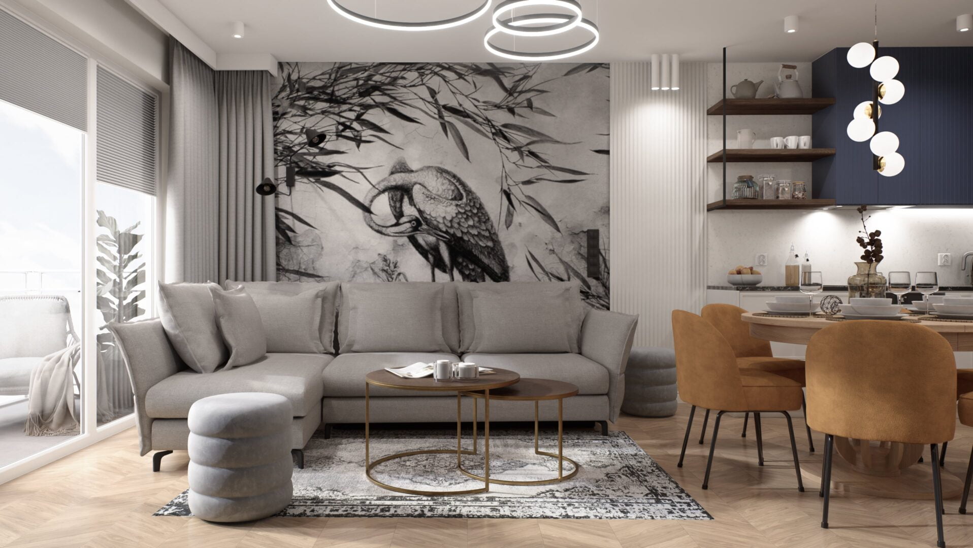 salon z tapetą na ścianie
